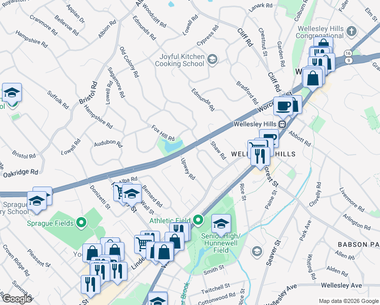 map of restaurants, bars, coffee shops, grocery stores, and more near 560 Worcester Street in Wellesley