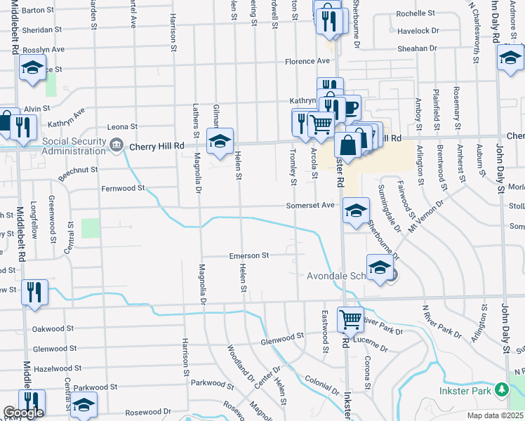 map of restaurants, bars, coffee shops, grocery stores, and more near 27685 Somerset Avenue in Inkster