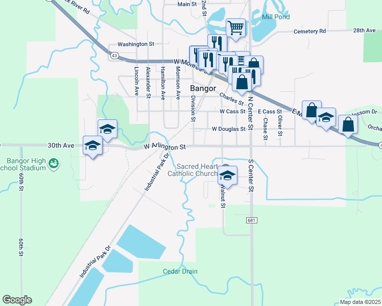 map of restaurants, bars, coffee shops, grocery stores, and more near in Bangor