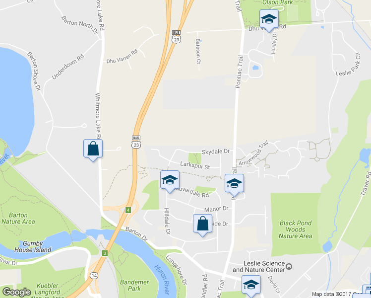 map of restaurants, bars, coffee shops, grocery stores, and more near 333 Skydale Drive in Ann Arbor
