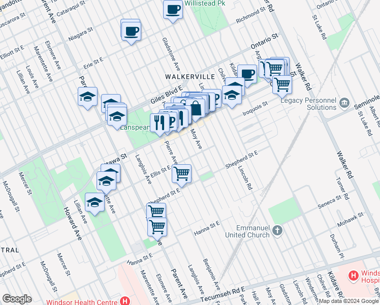 map of restaurants, bars, coffee shops, grocery stores, and more near 1384 Hall Avenue in Windsor
