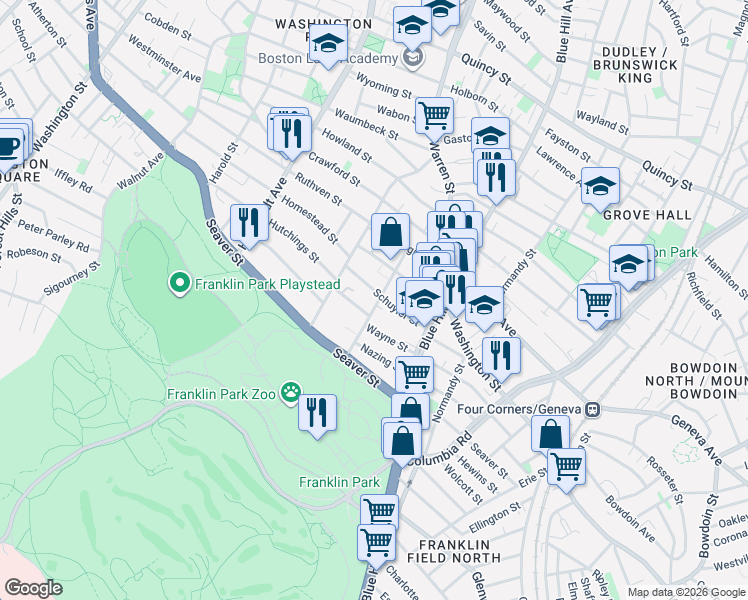 map of restaurants, bars, coffee shops, grocery stores, and more near 36 Schuyler Street in Boston