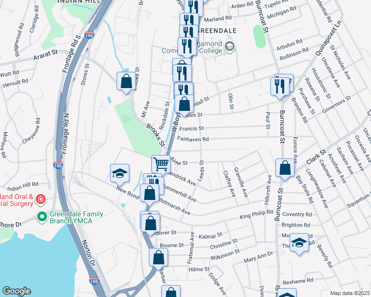 map of restaurants, bars, coffee shops, grocery stores, and more near 11 Greendale Avenue in Worcester