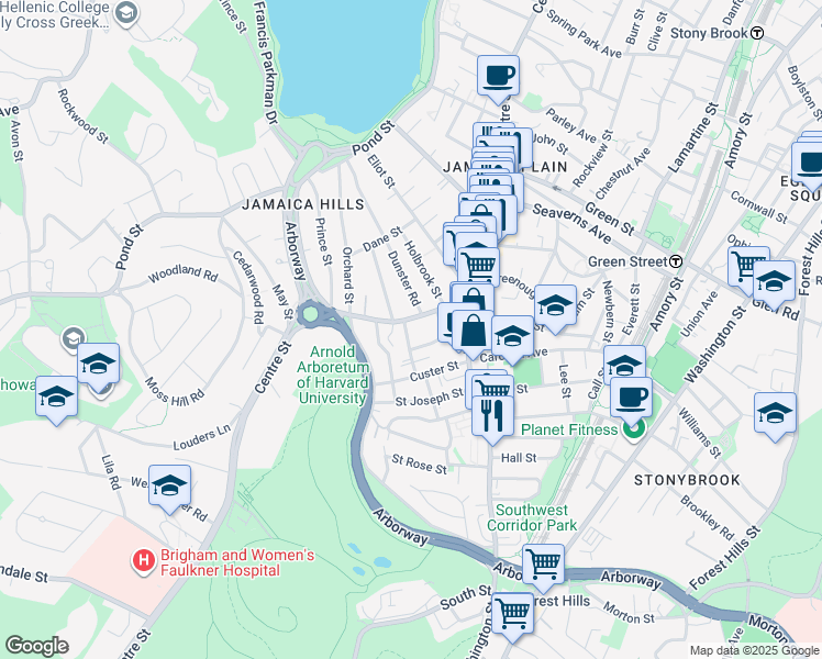 map of restaurants, bars, coffee shops, grocery stores, and more near 804 Centre Street in Boston