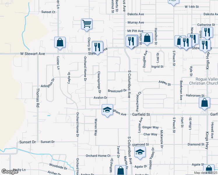 map of restaurants, bars, coffee shops, grocery stores, and more near 1457 Dixie Lane in Medford