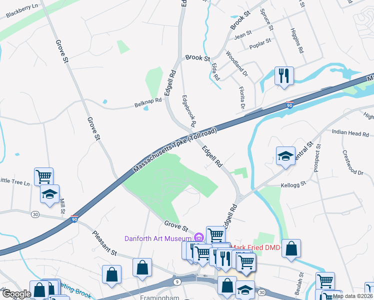 map of restaurants, bars, coffee shops, grocery stores, and more near 290 Edgell Rd in Framingham