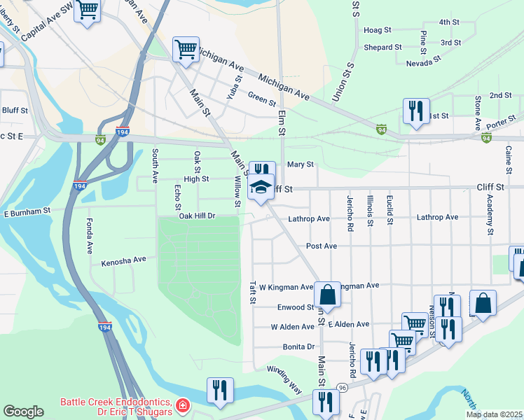 map of restaurants, bars, coffee shops, grocery stores, and more near 20 Newark Avenue in Battle Creek