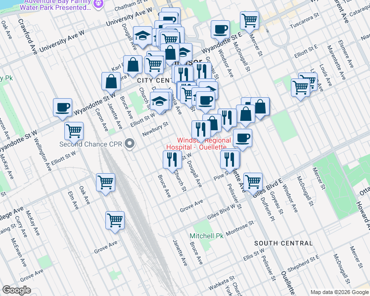 map of restaurants, bars, coffee shops, grocery stores, and more near 970 Dougall Avenue in Windsor