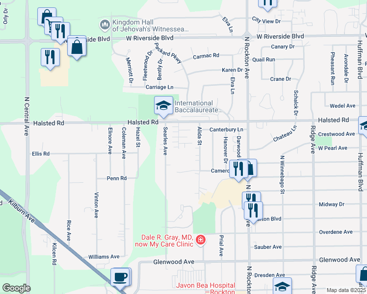 map of restaurants, bars, coffee shops, grocery stores, and more near 2918 Sitka Lane in Rockford