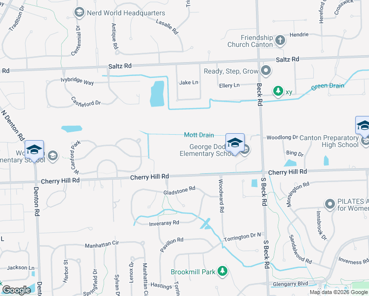 map of restaurants, bars, coffee shops, grocery stores, and more near 48030 Cherry Hill Road in Canton