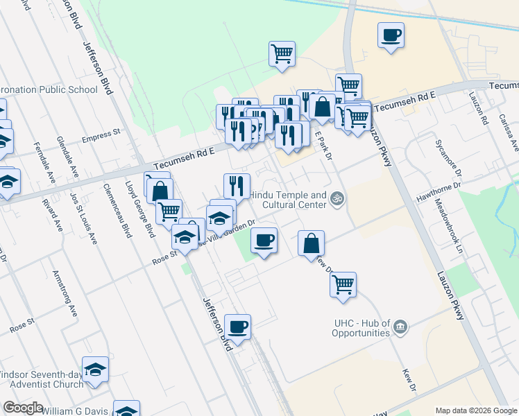 map of restaurants, bars, coffee shops, grocery stores, and more near 6640 Thornberry Crescent in Windsor