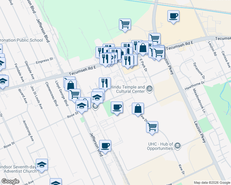 map of restaurants, bars, coffee shops, grocery stores, and more near 6548 Thornberry Crescent in Windsor