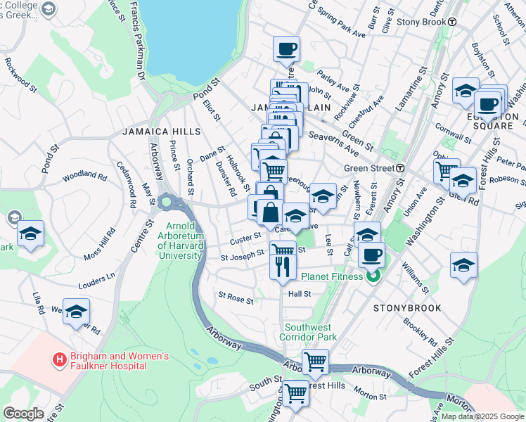 map of restaurants, bars, coffee shops, grocery stores, and more near 39 South Street in Boston