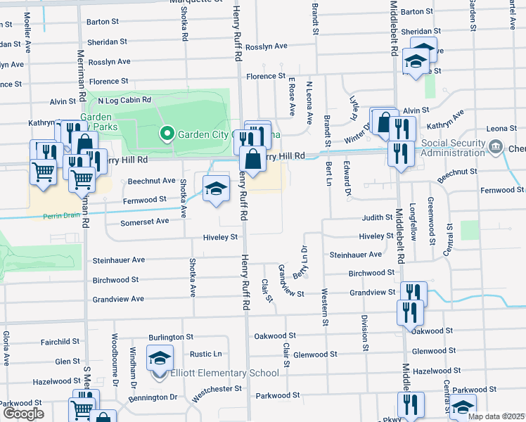 map of restaurants, bars, coffee shops, grocery stores, and more near 213 Henry Ruff Road in Inkster