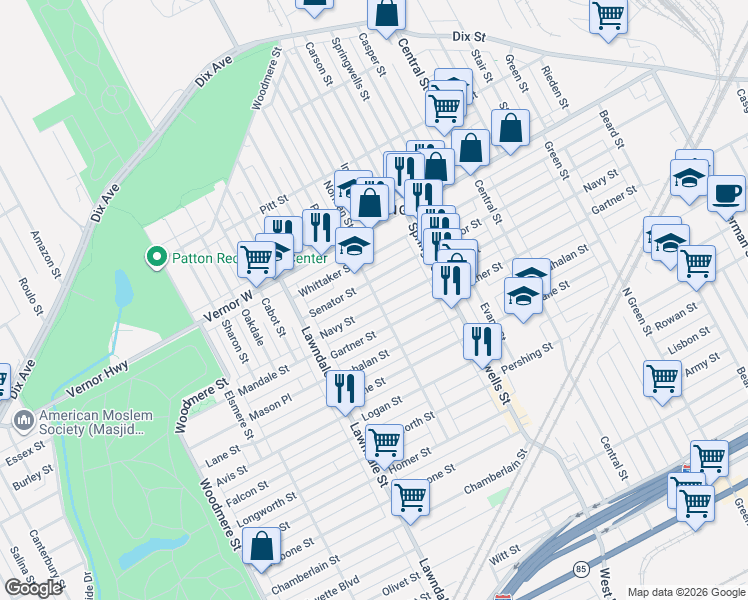 map of restaurants, bars, coffee shops, grocery stores, and more near 2036 Mullane Street in Detroit