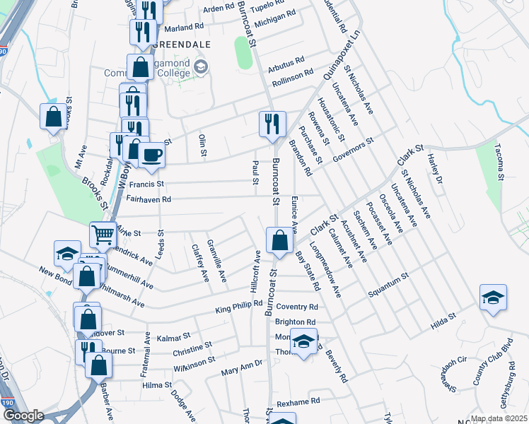 map of restaurants, bars, coffee shops, grocery stores, and more near 148 Fairhaven Road in Worcester
