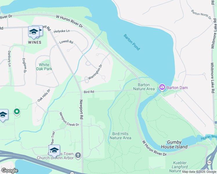 map of restaurants, bars, coffee shops, grocery stores, and more near 1141 West Huron River Drive in Ann Arbor