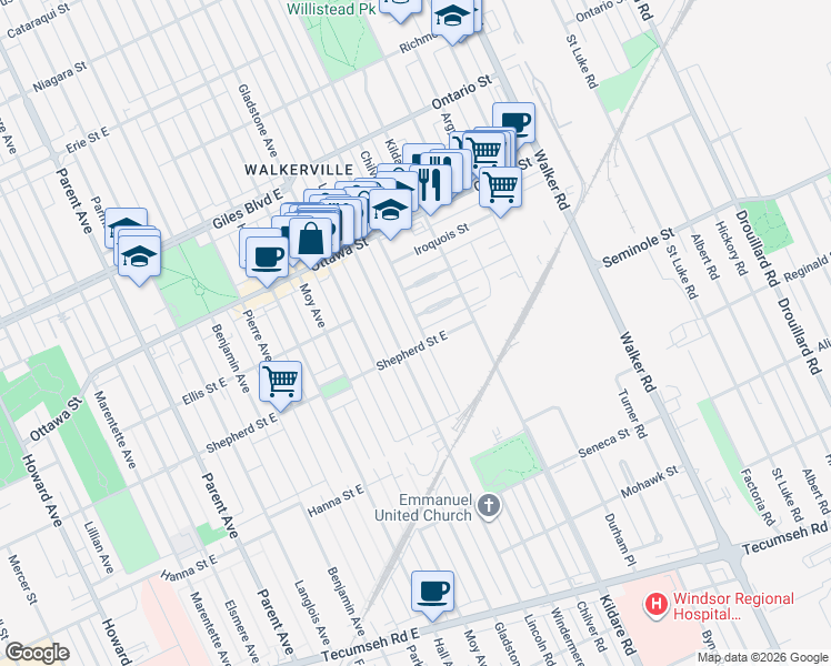 map of restaurants, bars, coffee shops, grocery stores, and more near 1441 Windermere Road in Windsor