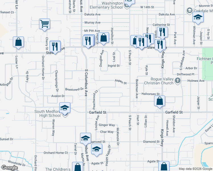 map of restaurants, bars, coffee shops, grocery stores, and more near 1039 Aspen Street in Medford