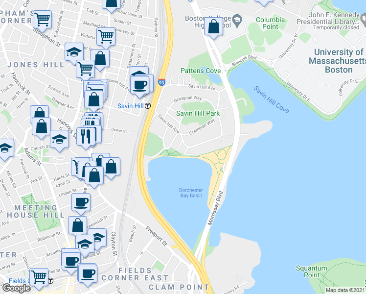 map of restaurants, bars, coffee shops, grocery stores, and more near 3 Bayside Street in Boston