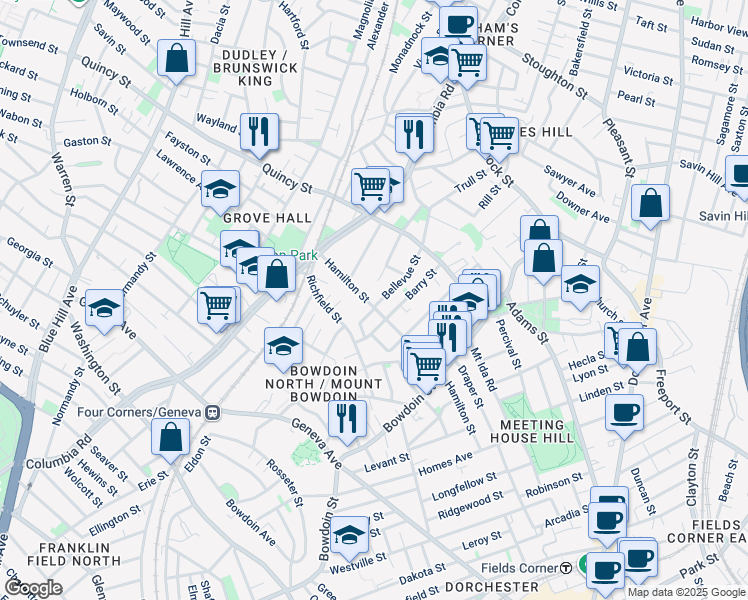 map of restaurants, bars, coffee shops, grocery stores, and more near 70 Stanley Street in Boston
