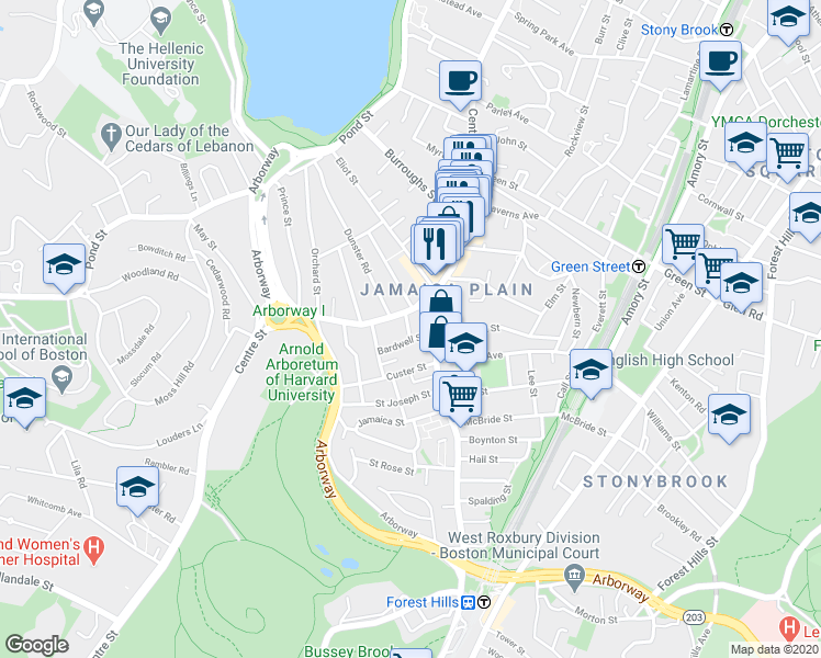 map of restaurants, bars, coffee shops, grocery stores, and more near 9 South Street in Boston