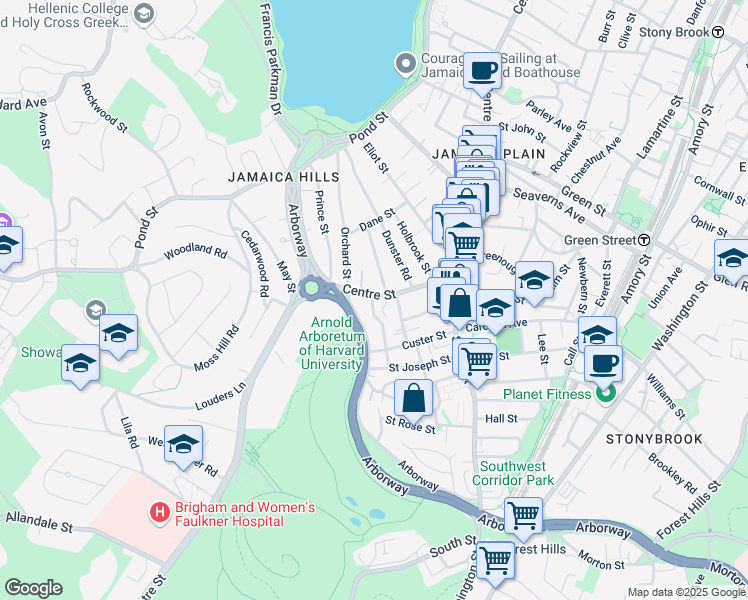 map of restaurants, bars, coffee shops, grocery stores, and more near 869 Centre Street in Boston