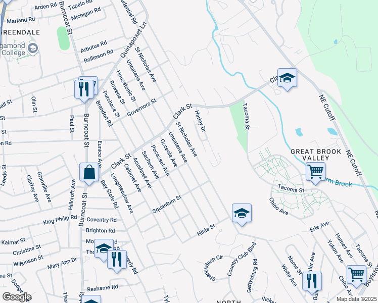 map of restaurants, bars, coffee shops, grocery stores, and more near 113 Uncatena Avenue in Worcester