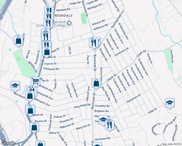 map of restaurants, bars, coffee shops, grocery stores, and more near 148 Fairhaven Road in Worcester