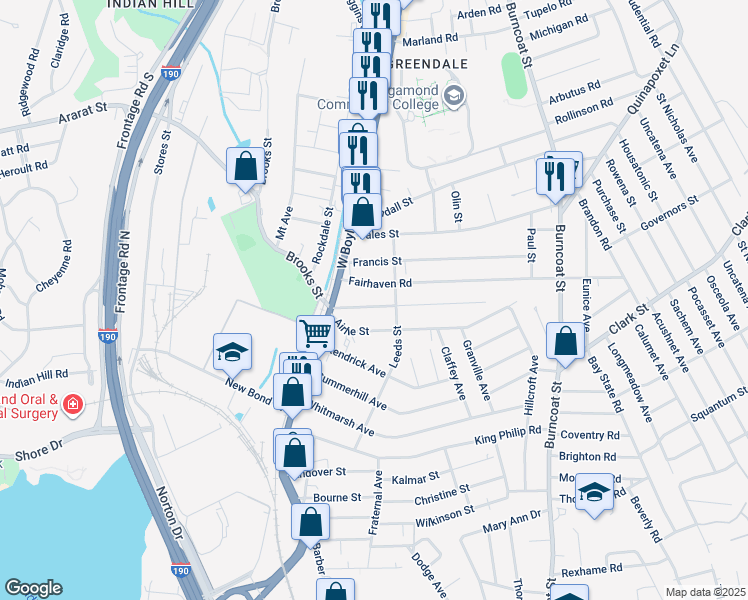 map of restaurants, bars, coffee shops, grocery stores, and more near 16 Fairhaven Road in Worcester