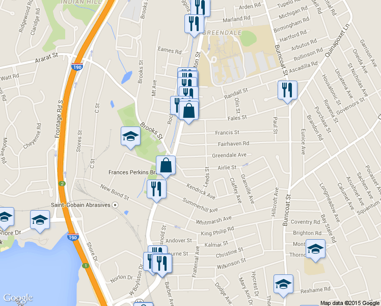 map of restaurants, bars, coffee shops, grocery stores, and more near 16 Fairhaven Road in Worcester
