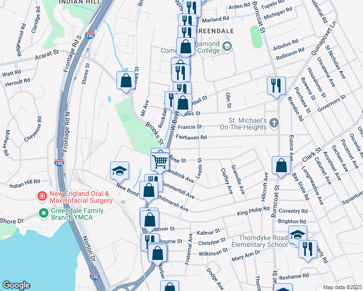 map of restaurants, bars, coffee shops, grocery stores, and more near 16 Fairhaven Road in Worcester