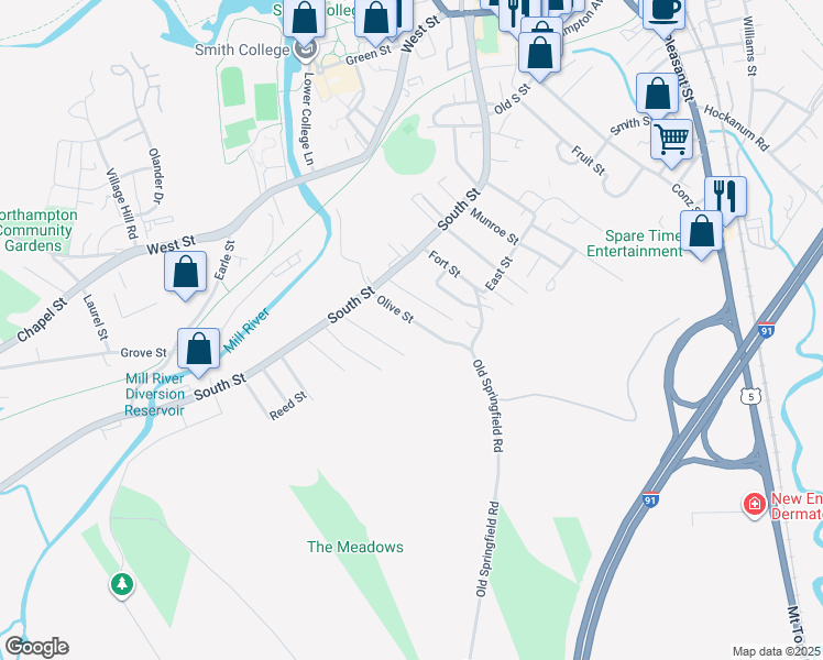 map of restaurants, bars, coffee shops, grocery stores, and more near 34 Olive Street in Northampton