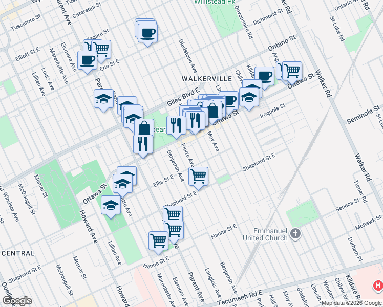 map of restaurants, bars, coffee shops, grocery stores, and more near 1214 Ottawa Street in Windsor