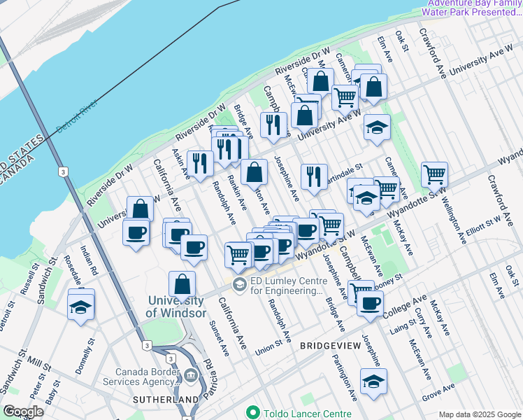 map of restaurants, bars, coffee shops, grocery stores, and more near 377 Partington Avenue in Windsor