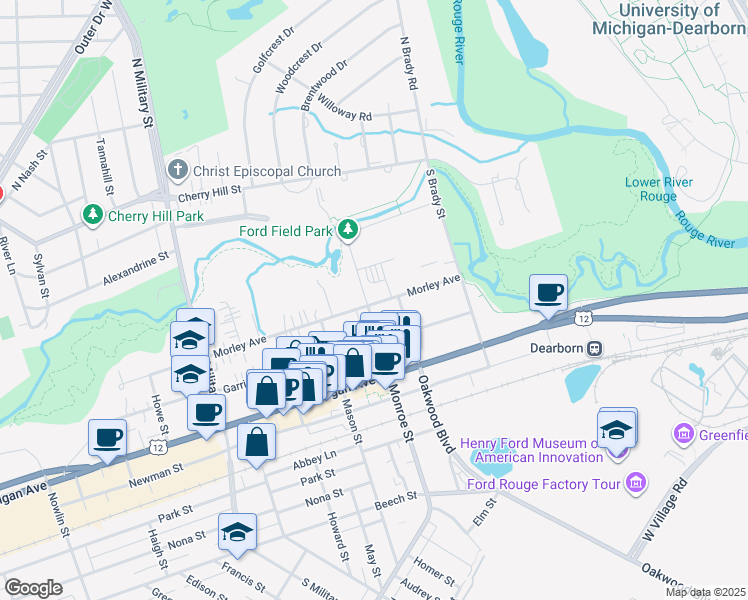 map of restaurants, bars, coffee shops, grocery stores, and more near 21800 Morley Avenue in Dearborn