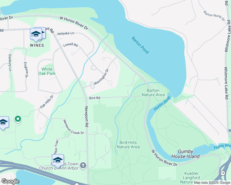 map of restaurants, bars, coffee shops, grocery stores, and more near 1141 West Huron River Drive in Ann Arbor