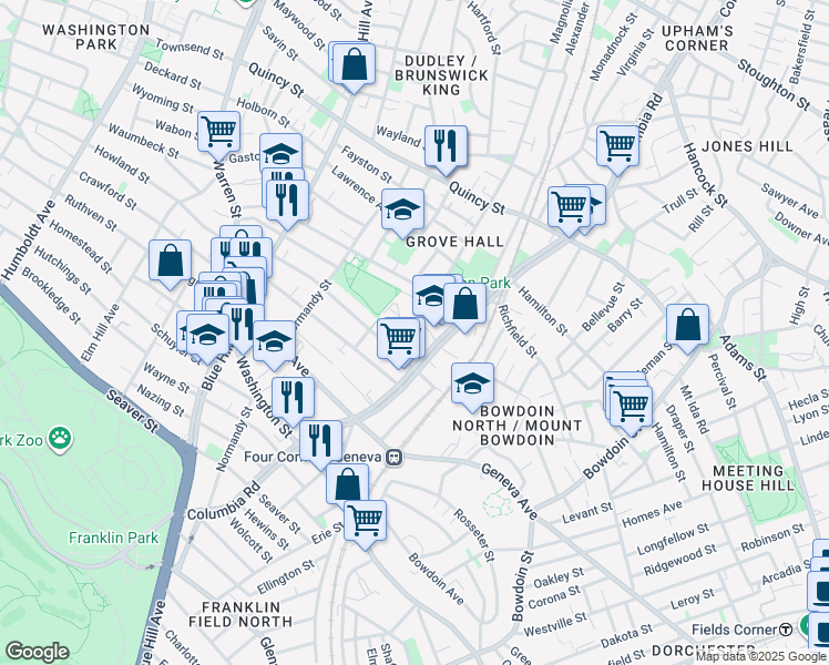 map of restaurants, bars, coffee shops, grocery stores, and more near 264-272 Columbia Road in Boston