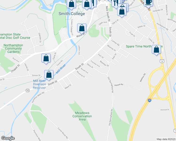 map of restaurants, bars, coffee shops, grocery stores, and more near 48 Revell Avenue in Northampton
