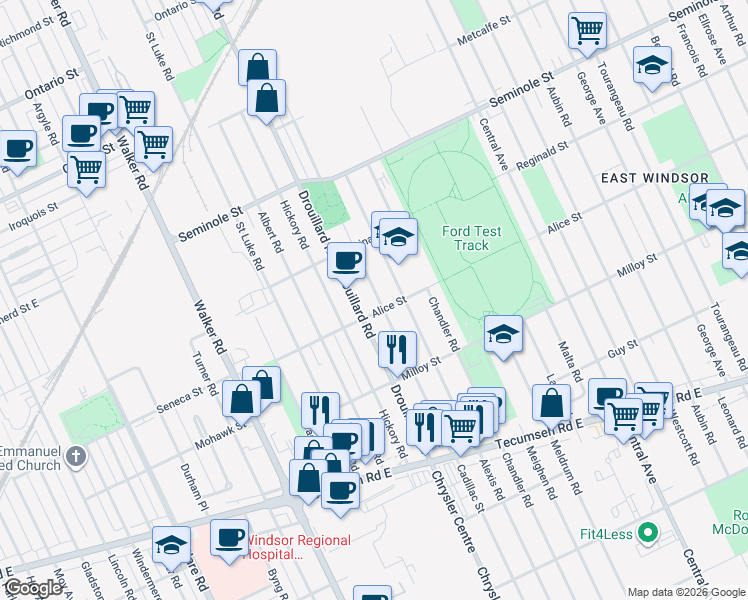 map of restaurants, bars, coffee shops, grocery stores, and more near 1685 Cadillac Street in Windsor
