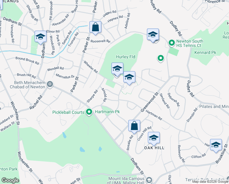 map of restaurants, bars, coffee shops, grocery stores, and more near 15 Fox Hill Road in Newton