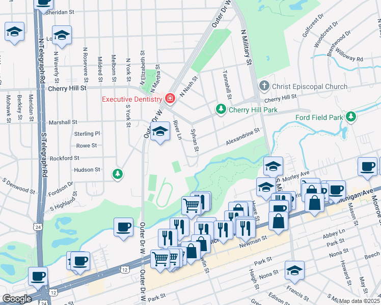 map of restaurants, bars, coffee shops, grocery stores, and more near 22905 Law Street in Dearborn