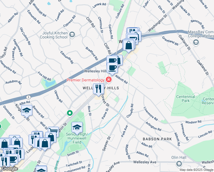 map of restaurants, bars, coffee shops, grocery stores, and more near 378 Washington Street in Wellesley