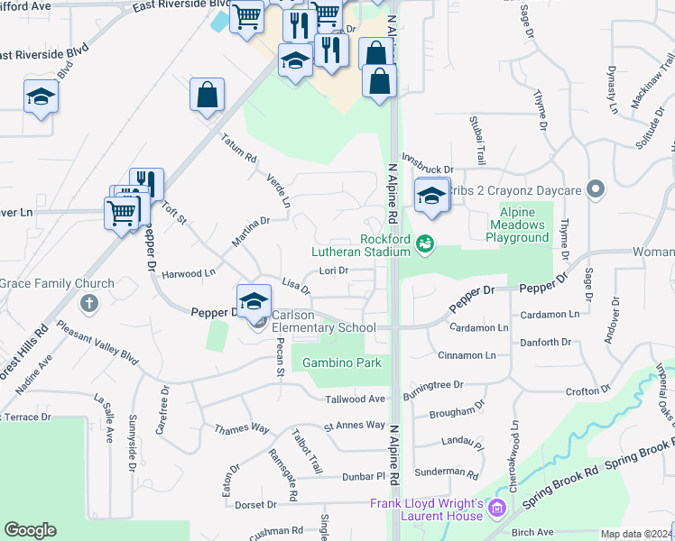 map of restaurants, bars, coffee shops, grocery stores, and more near 4335 Lori Drive in Rockford