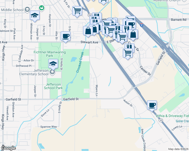 map of restaurants, bars, coffee shops, grocery stores, and more near 1501 Myers Lane in Medford