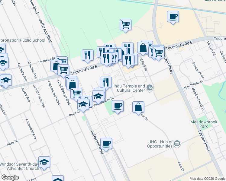 map of restaurants, bars, coffee shops, grocery stores, and more near 6640 Thornberry Crescent in Windsor