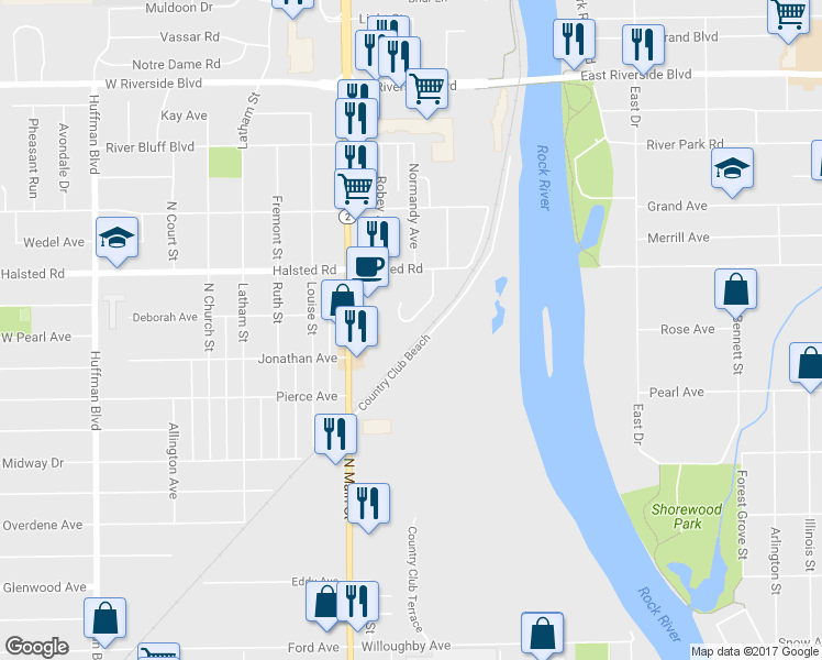 map of restaurants, bars, coffee shops, grocery stores, and more near 3346 Sun Valley Terrace in Rockford