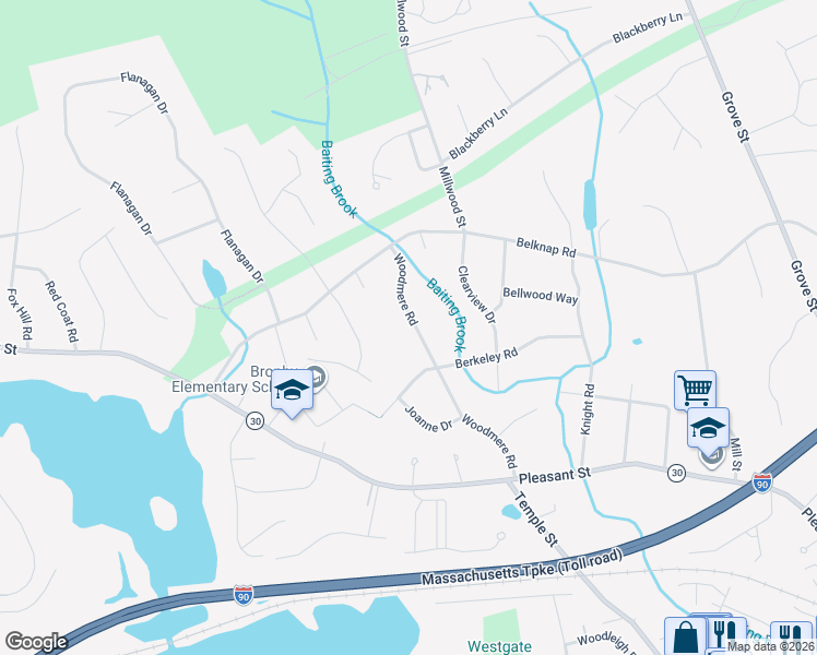 map of restaurants, bars, coffee shops, grocery stores, and more near 14 Woodmere Road in Framingham