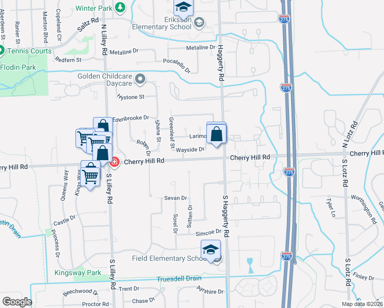 map of restaurants, bars, coffee shops, grocery stores, and more near 41736 Wayside Drive in Canton