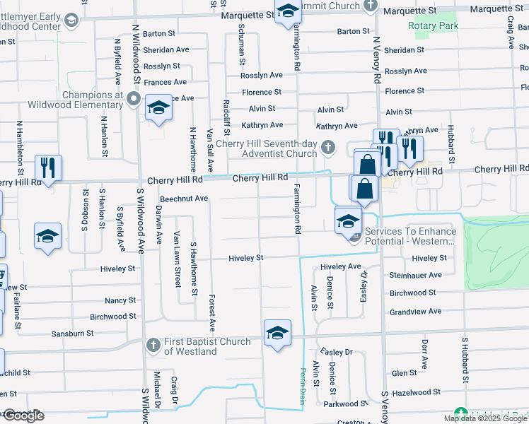 map of restaurants, bars, coffee shops, grocery stores, and more near 33563 Beechnut Street in Westland